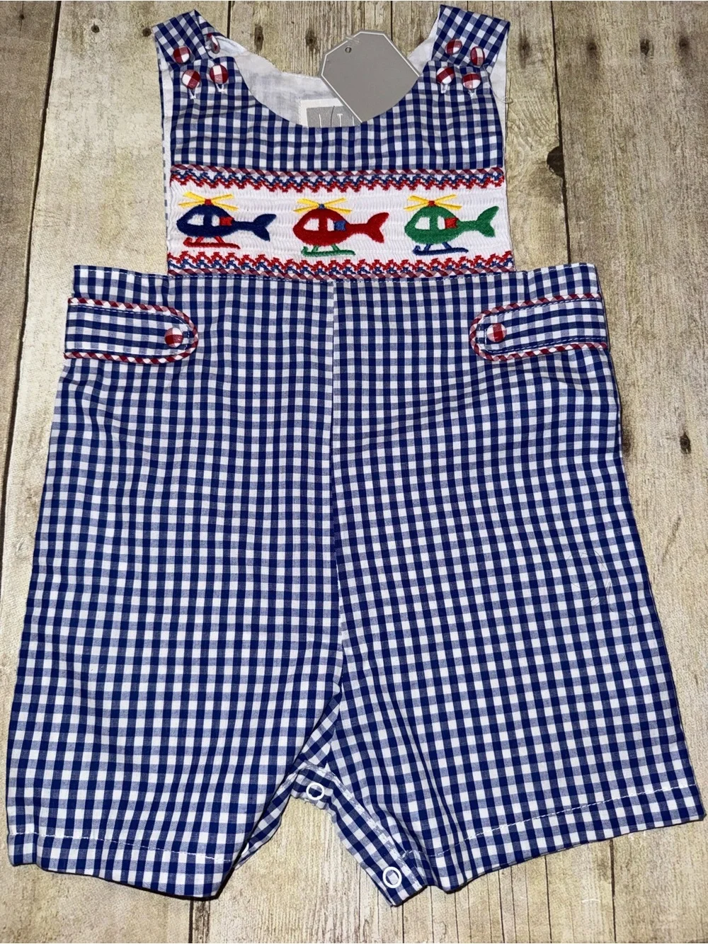 Cactus Blue Gingham Smocked Helicopter Romper